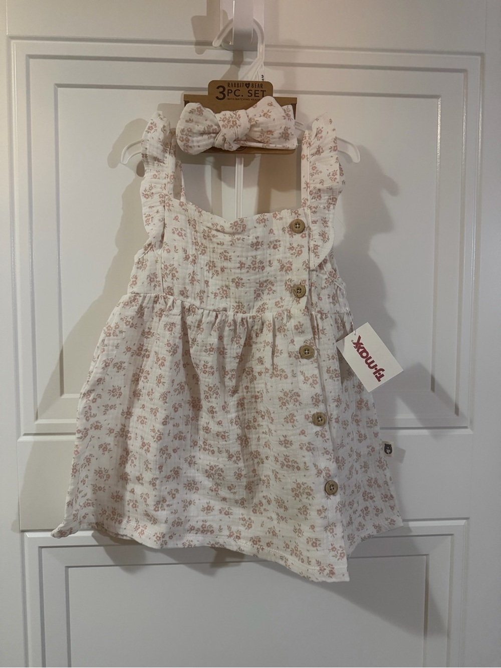 3PC Baby Girl Floral Dress & Headband Set - White & Dusty Pink
